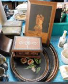 A mother of pearl inlaid box twinned with two tray