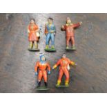 Five Britains style lead Dan Dare comic figures stamped ENGLAND across shoulders possibly by Crescen