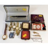 A quantity of Parker pens, a Victorian sewing box, six watches & other items