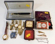 A quantity of Parker pens, a Victorian sewing box, six watches & other items