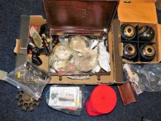 A box of mixed sundry items including bowling bowl