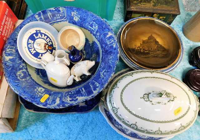 A blue & white wash bowl twinned with a Ridgways p