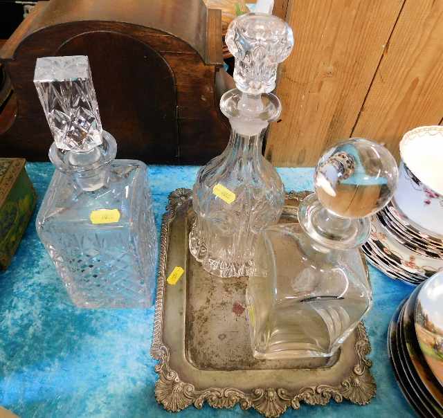 Three decanters & a plated tray