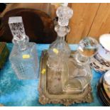 Three decanters & a plated tray