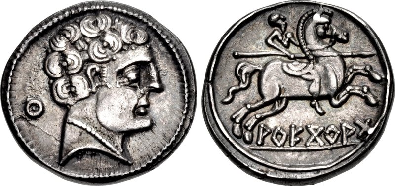 IBERIA, Arekorata. Late 2nd century BC. AR Denarius (19mm, 4.11 g, 1h). Bearded head of male