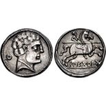 IBERIA, Arekorata. Late 2nd century BC. AR Denarius (19mm, 4.11 g, 1h). Bearded head of male