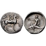 CALABRIA, Tarentum. Circa 330-325 BC. AR Nomos (23mm, 7.83 g, 8h). Nude youth on horse trotting