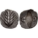 LUCANIA, Metapontion. Circa 470-440 BC. AR Obol (9mm, 0.52 g). Ear of barley with five grains; no