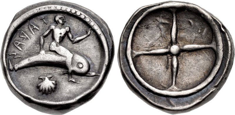 CALABRIA, Tarentum. Circa 480-470 BC. AR Nomos (16mm, 8.09 g). Taras, nude, raising left hand and