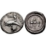 CALABRIA, Tarentum. Circa 480-470 BC. AR Nomos (20mm, 8.12 g). Taras, nude, both arms