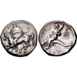 CALABRIA, Tarentum. Circa 290-281 BC. AR Nomos (20mm, 7.56 g, 5h). Warrior, nude but for crested