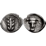 LUCANIA, Metapontion. Circa 440-430 BC. AR Obol (8mm, 0.37 g, 12h). Ear of barley with four