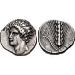 LUCANIA, Metapontion. Circa 340-330 BC. AR Nomos (19.5mm, 7.70 g, 5h). Head of young Dionysos