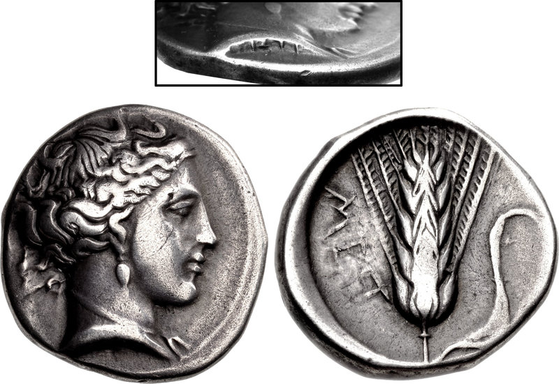 LUCANIA, Metapontion. Circa 400-340 BC. AR Nomos (20mm, 7.63 g, 5h). Obverse die signed by