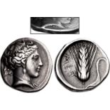LUCANIA, Metapontion. Circa 400-340 BC. AR Nomos (20mm, 7.63 g, 5h). Obverse die signed by