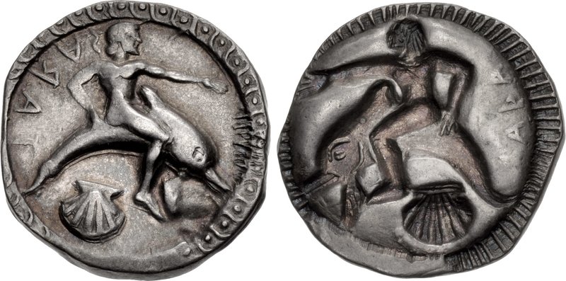 CALABRIA, Tarentum. Circa 510-500 BC. AR Nomos (22.5mm, 8.01 g, 11h). Taras, nude, riding dolphin