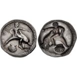 CALABRIA, Tarentum. Circa 510-500 BC. AR Nomos (22.5mm, 8.01 g, 11h). Taras, nude, riding dolphin