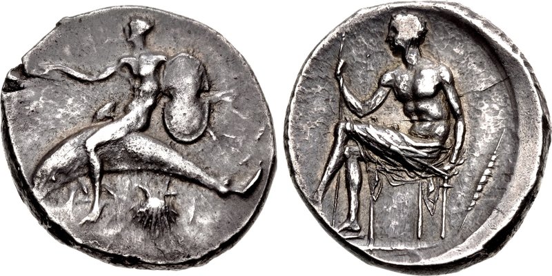 CALABRIA, Tarentum. Circa 425-415 BC. AR Nomos (21.5mm, 8.19 g, 2h). Taras, nude, extending right