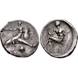 CALABRIA, Tarentum. Circa 425-415 BC. AR Nomos (21.5mm, 8.19 g, 2h). Taras, nude, extending right