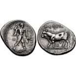 LUCANIA, Poseidonia. Circa 420-410 BC. AR Nomos (21mm, 7.81 g, 3h). Poseidon, nude but for chlamys