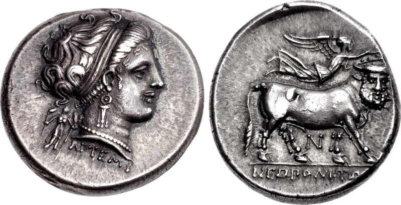 CAMPANIA, Neapolis. Circa 300 BC. AR Nomos (20mm, 7.43 g, 10h). Artemi(os), moneyer. Head of nymph