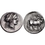 CAMPANIA, Neapolis. Circa 300 BC. AR Nomos (20mm, 7.43 g, 10h). Artemi(os), moneyer. Head of nymph