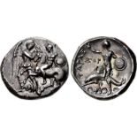 CALABRIA, Tarentum. Circa 280 BC. AR Nomos (21mm, 7.91 g, 6h). Warrior, nude but for crested helmet,