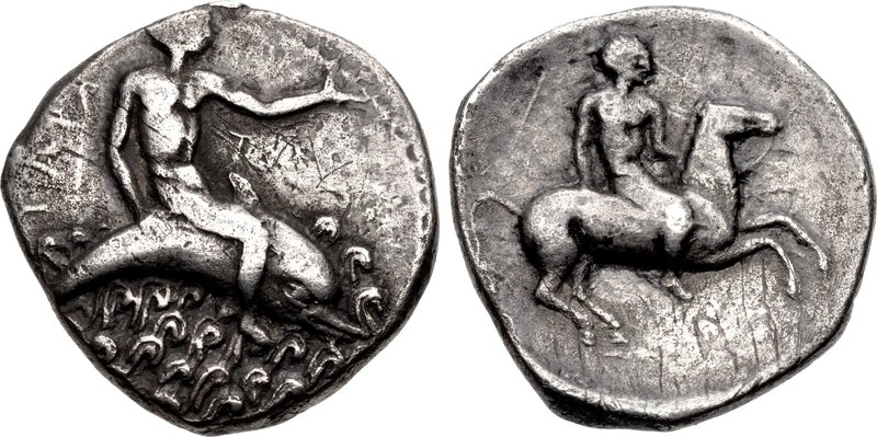 CALABRIA, Tarentum. Circa 450-440 BC. AR Nomos (23mm, 7.59 g, 8h). Taras, nude, extending left