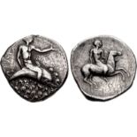 CALABRIA, Tarentum. Circa 450-440 BC. AR Nomos (23mm, 7.59 g, 8h). Taras, nude, extending left