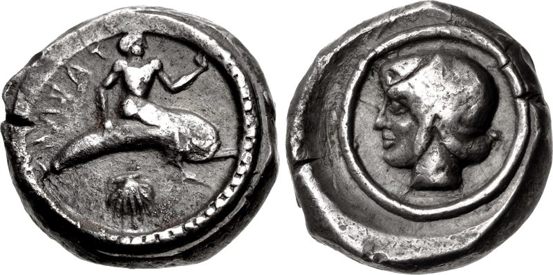 CALABRIA, Tarentum. Circa 470-465 BC. AR Nomos (18.5mm, 8.05 g, 7h). Taras, nude, raising left