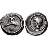 CALABRIA, Tarentum. Circa 470-465 BC. AR Nomos (18.5mm, 8.05 g, 7h). Taras, nude, raising left