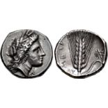 LUCANIA, Metapontion. Circa 330-290 BC. AR Nomos (20.5mm, 7.92 g, 11h). Head of Demeter right,