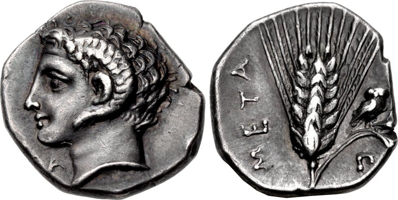 LUCANIA, Metapontion. Circa 325-275 BC. AR Diobol (11.5mm, 1.25 g, 7h). Head of Apollo Karneios