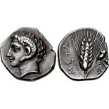 LUCANIA, Metapontion. Circa 325-275 BC. AR Diobol (11.5mm, 1.25 g, 7h). Head of Apollo Karneios