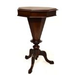 Victorian walnut octagonal work table with conical body on tripod support Condition: