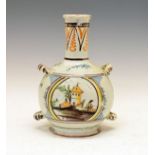 18th Century Continental polychrome decorated Delft flask or water bottle having two reserves, one