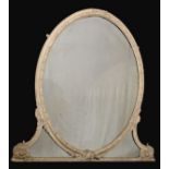 19th Century white-painted overmantel mirror of oval design with plain mirror plate on scroll