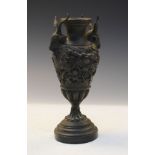 19th Century bronzed spelter urn shaped vase, probably French, having goat's head handles and with