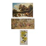 Three framed pictures comprising: print after Jacob van Ruisdael in good gilt frame, 60.5cm x 86.