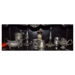 Assorted metalwares, mainly 19th Century to include; a pair of candlesticks, 'Bachelor' teapot,