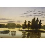Haddow - Watercolour - Rowing boats on a calm lake, signed lower left, 22.5cm x 46cm, framed and