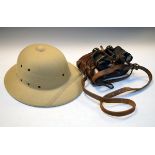 Pith helmet and a pair of vintage Kershaw & Son prismatic binoculars No.3 MkII in a brown leather