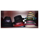 Large selection of assorted hats to include; Trilbys etc, together with five hat boxes stamped