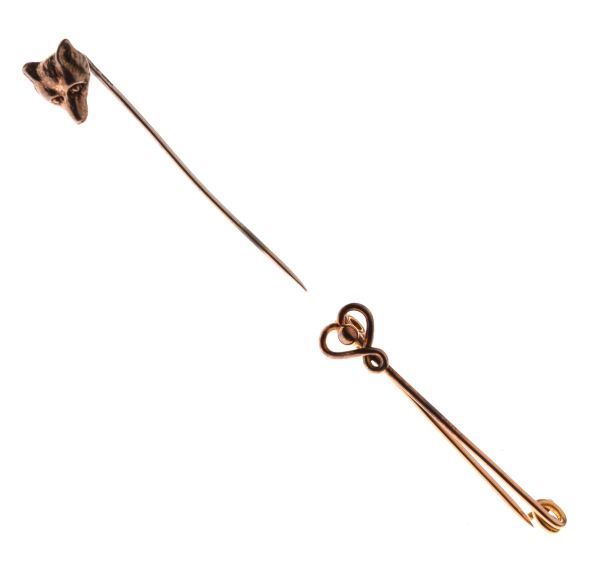 Hallmarked silver gilt fox head stickpin, London 1979, together with a heart design bar brooch,