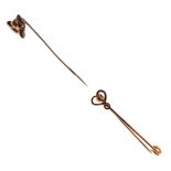 Hallmarked silver gilt fox head stickpin, London 1979, together with a heart design bar brooch,