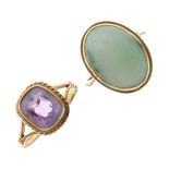 9ct gold dress ring set oval cabochon jade, size P½ and one other 9ct gold dress ring set amethyst