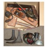 Assorted tools and metalwork to include; smoothing plane, set square, shoe lasts, drill brace, etc