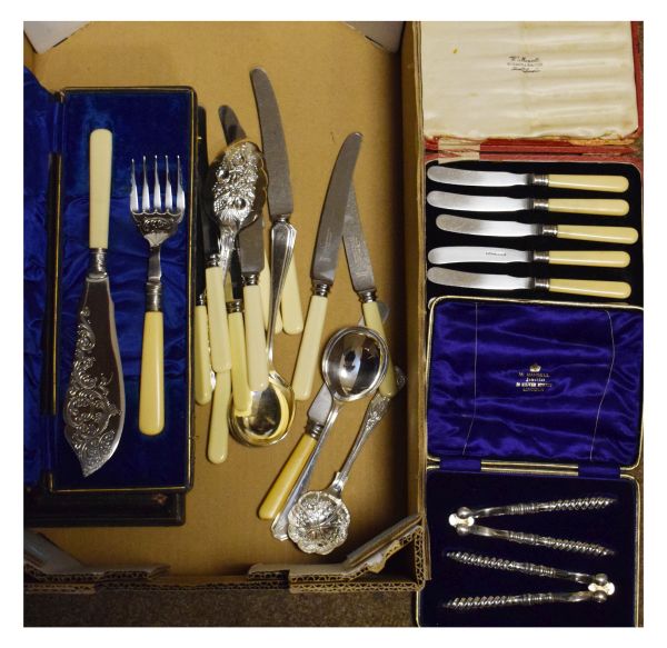 Assorted silver-plated flatware to include; two cased pairs of fish servers, two pairs of