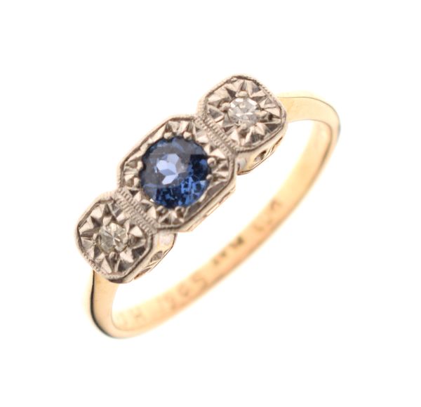 9ct gold dress ring set pale blue emerald cut stone with diamond shoulders, size K, 1.9g approx