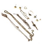 Quantity of yellow metal jewellery including three necklaces, two bar brooches, earrings, dress ring